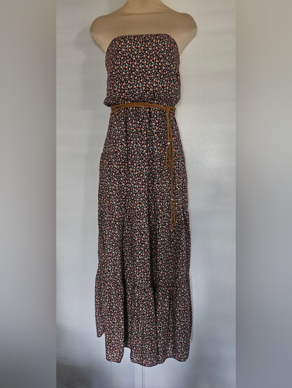 Multi Colored Floral Strapless Maxi Dress w/rope belt